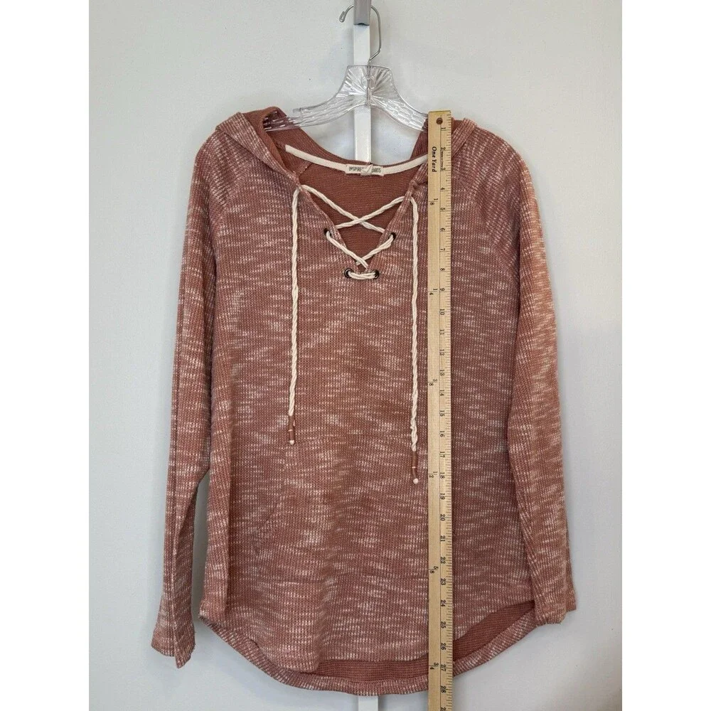 Inspired Hearts Women’s 1X Hoodie Top Pink Lace-Up Neck Waffle Knit Long Sleeve
